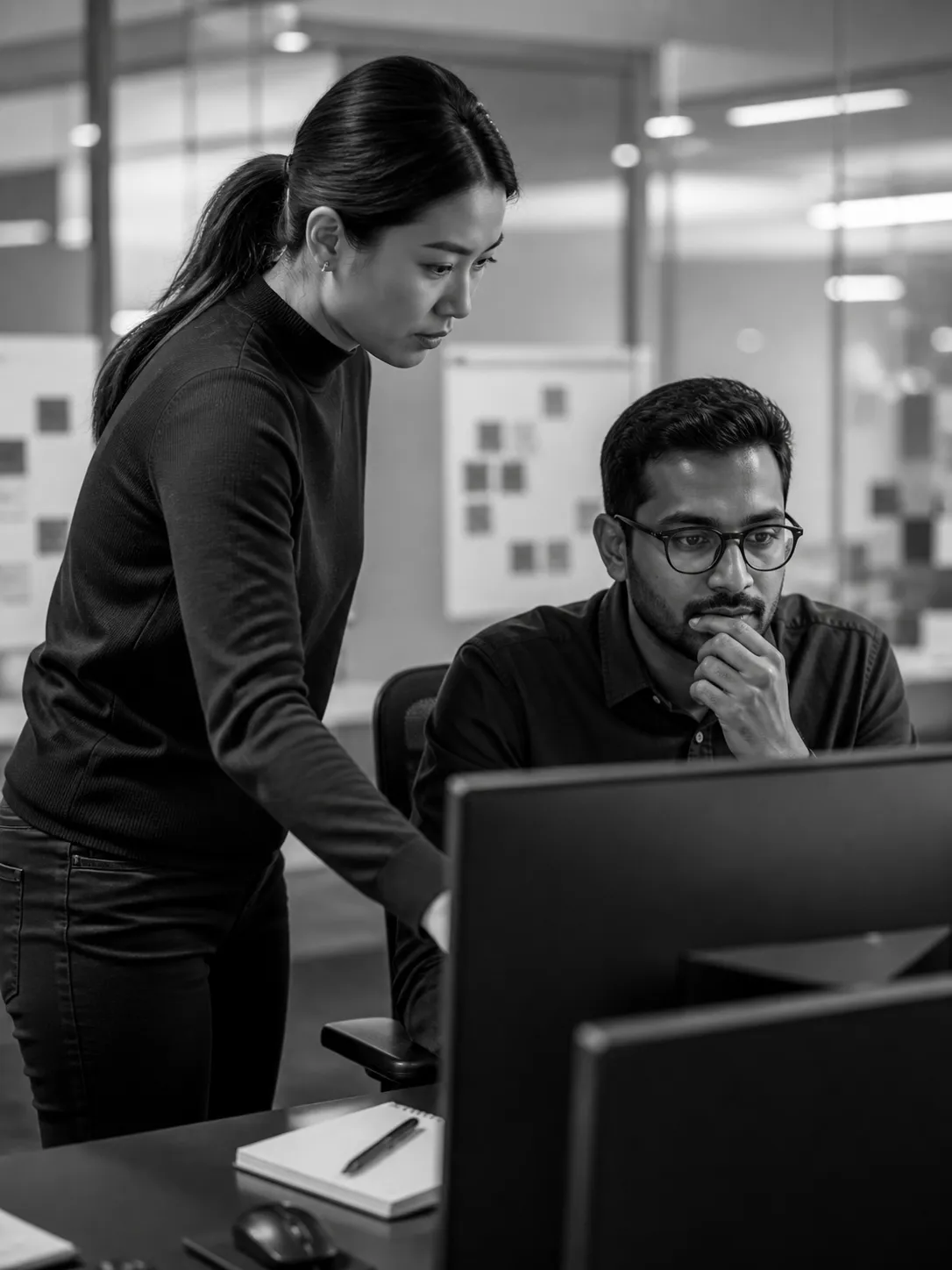 Operations engineers collaborating at a workstation